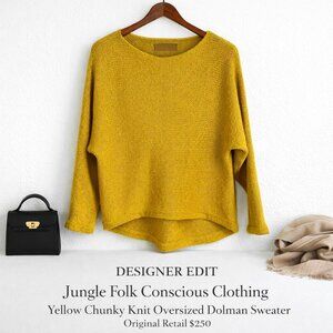 Jungle Folk Yellow Chunky Knit Sweater Oversized Dolman Ethical Slow Fashion